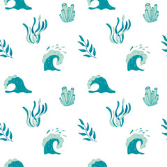 Fototapeta na wymiar Hand drawn vector illustrations, seamless pattern with seaweeds, corals, waves. Marine background. Perfect for prints, backgroun, fabric, textile etc