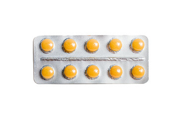 Pharmaceutical blister pack. Pack of pills with tablets. Blister pack of yellow pills isolated on a white background. Pills package.