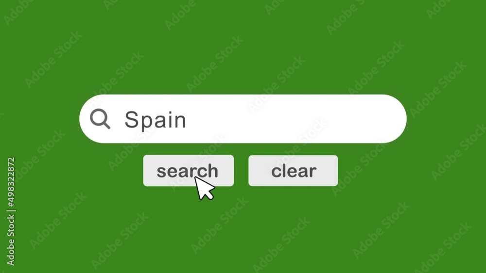 Poster spain typing on search bar with click animation on green background.searching the word on internet s
