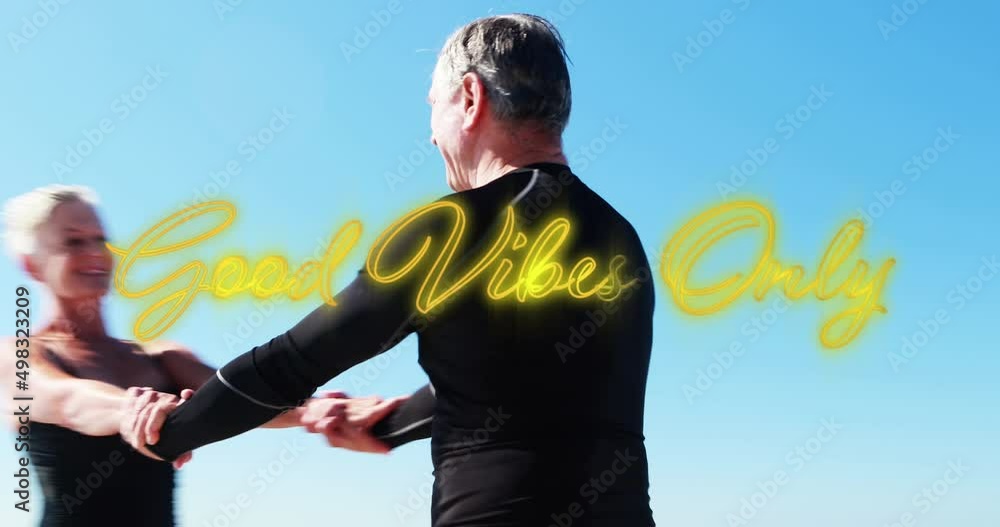 Poster animation of good vibes only text over smiling senior caucasian couple dancing