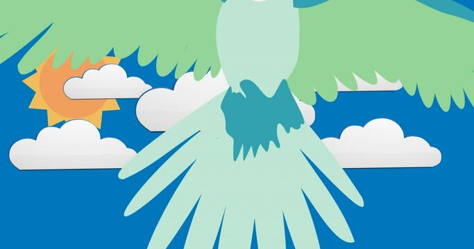 Animation of illustration of parrot flying over clouds on blue background
