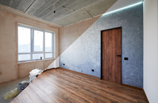 Interior Room Before And After Renovation. Sad Apartment Has Become Modern And Relevant Room For Comfortable Stay. Two Versions Of Room In One Picture. Changes That Lift The Mood And Add Comfort.