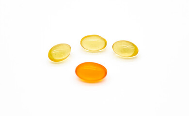vitamin e capsule isolated on white background, selective focus