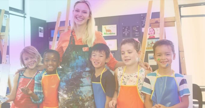 Animation of smiling caucasian female teacher painting with diverse schoolchildren