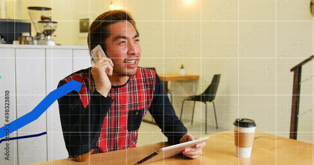 Poster animation of statistics and blue lines processing over asian man using smartphone