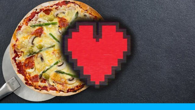 Animation of heart icons and pizza icons in repetition over pizza on grey background