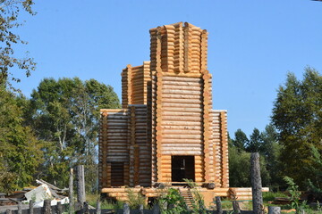 A wooden church under construction in the city of Komsomolsk-on-Amur