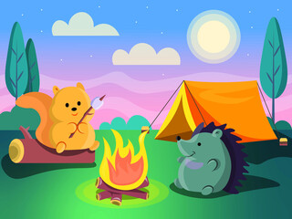Obraz na płótnie Canvas Camping with squirrel and hedgehog. Flat vector illustration. 