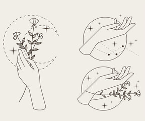 Vector design linear template logos or emblems - hands in in different gestures. Abstract symbol for cosmetics and packaging or beauty products