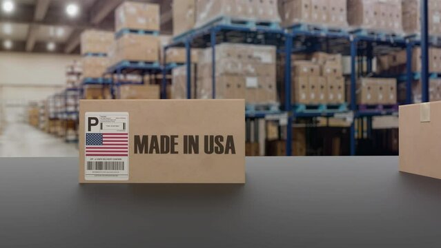 Boxes with MADE IN USA text on roller conveyor. American goods related loopable 3D animation