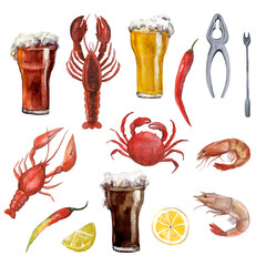 Watercolor crustacean. object summer. lemon advertising set. underwater artwork hand drawn, meat lobster image drawn painting. crab wild. animal ocean watercolor. nature drawing © Татьяна Комцян