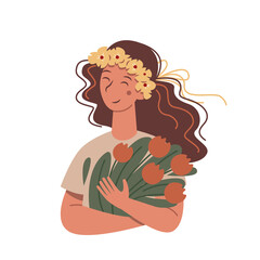 Cute cartoon happy woman holding a bouquet of flowers.