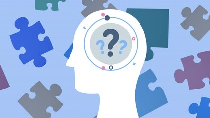 Animation of question marts over human head with floating puzzles in background