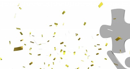 Animation of gold confetti floating over man holding puzzle - Powered by Adobe