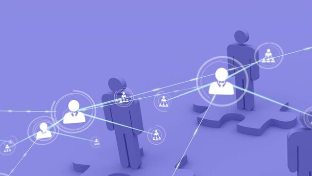 Animation of network of connections with user icons over violet background with men and puzzles
