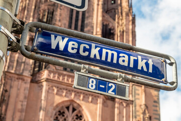 enamel street sign Weckmarkt - engl: market of bakerman - in Frankfurt,