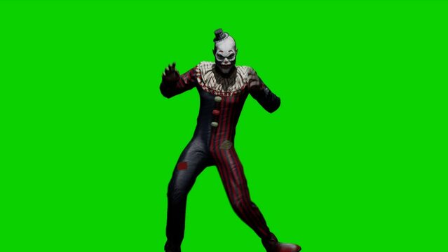 A creepy jester dances. A clown dancing. A nightmarish atmosphere of fear and terror. The concept of a nightmarish jester. Animation with green screen is perfect for scary and apocalyptic backgrounds