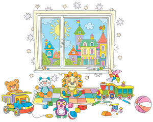 Funny colorful toys scattered after a merry game in a nursery room with a pretty small town outside a window, vector cartoon illustration isolated on a white background