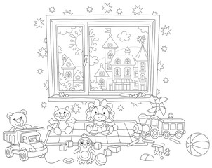 Funny toys scattered after a merry game in a nursery room with a pretty small town outside a window, black and white outline vector illustration for a coloring book page