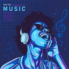 Afro girl enjoying music wearing sunglasses and headphone illustration © esa