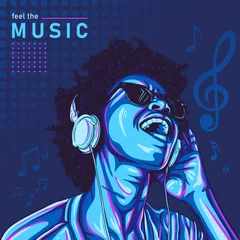 Poster Afro girl enjoying music wearing sunglasses and headphone illustration © esa