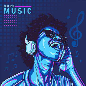 Afro girl enjoying music wearing sunglasses and headphone illustration