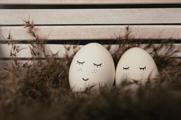 Creative photography concept. White eggs with a face in the reeds. Happy Easter holiday concept. Copy space