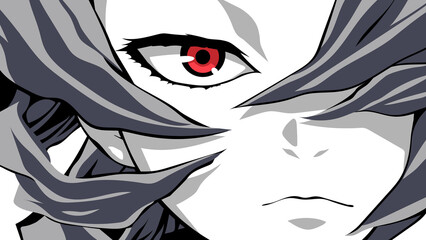 Fototapety  Cartoon face close-up with red eyes. Vector illustration for anime, manga in japanese style