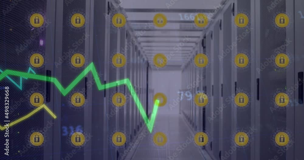 Poster animation of lines processing with online security icons over computer servers