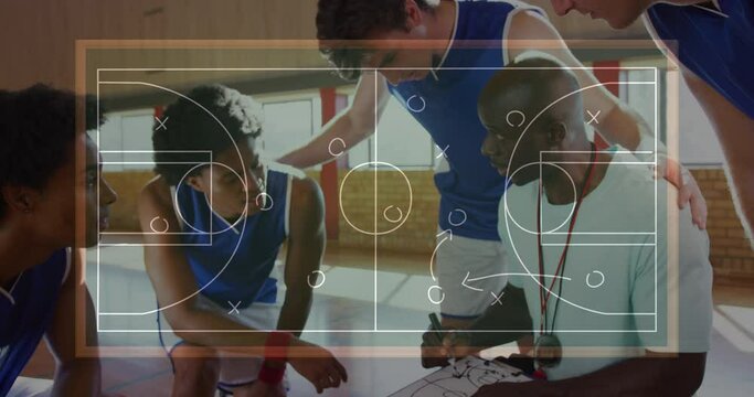 Animation of basketball court with tactics drawing over diverse couch with basketball players