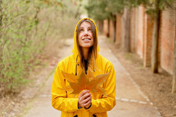 High angle view of happy woman with raincoat holding maple tree leaves. Horizontal mid waist view of woman looking up at fallen leaves in yellow hoodie outdoors. People and nature backgrounds.