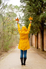 Rear view of unrecognizable woman raising arms with maple tree leaves. Vertical full length view of woman looking at fallen leaves in yellow raincoat outdoors. People and nature backgrounds.