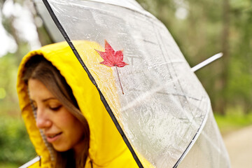 Detail view of wet red maple leaf isolated on rainy umbrella. Horizontal close-up of autumn fallen leaf with raindrops in unrecognizable woman umbrella. Nature and season concept.