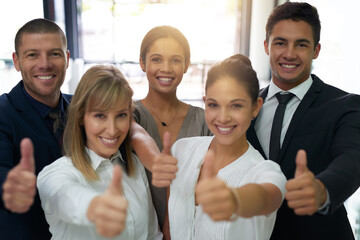 We believe in your ability to reach the top. Portrait of a group of businesspeople showing thumbs up in an office.
