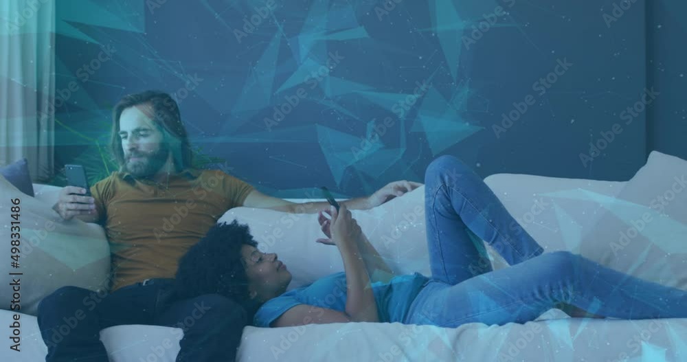 Poster animation of data processing with shapes over diverse couple using smartphones