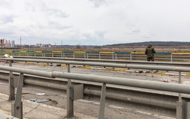 War in Ukraine. Destroyed Bridge Over The Irpin River