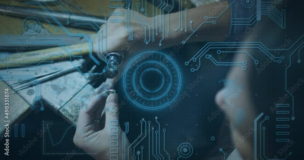 Poster animation of scope scanning and computer circuit board over caucasian man in workshop