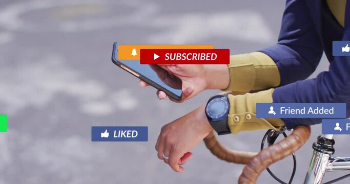 Animation of media icons over caucasian woman using smartphone