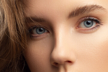 Macro shot of woman's beautiful eye with extremely long eyelashes. Sexy view, sensual look. Female eye with long eyelashes