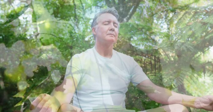 Animation of leaves over senior caucasian man practicing yoga and meditating