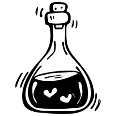 Vector doodle bottle of magic love potion. and drawn illustration