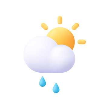 Sun and cloud with rain drops. Weather concept. 3d vector icon. Cartoon minimal style.