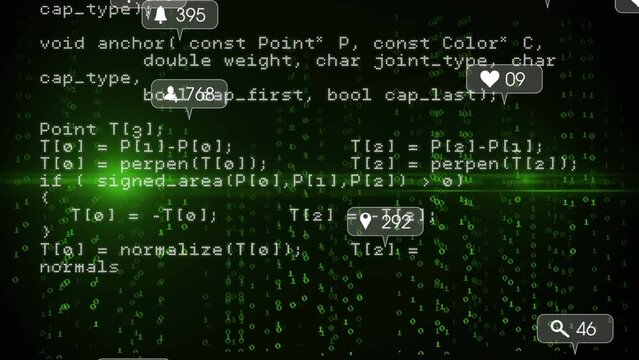 Animation of social media icons and numbers, binary coding and data processing