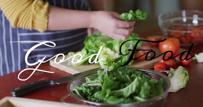 Animation of good food text over caucasian woman cooking