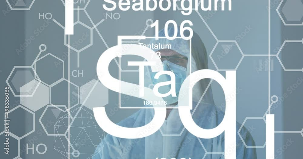 Poster animation of elements and scientific data processing over caucasian man in face mask and ppe suit