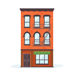 New York City house facade. Front view of old-fashioned brick building with fire escape. Nice American neighbourhood exterior. Flat vector