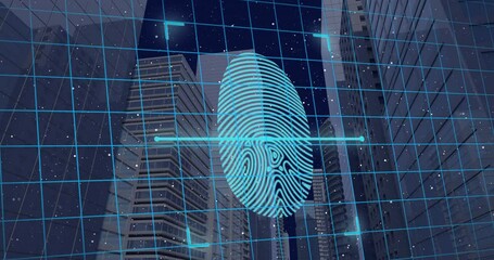 Animation of fingerprint and digital padlocks over cityscape - Powered by Adobe