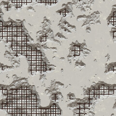 Texture of damaged concrete with visible roasted rebars. High quality, 3D generated seamless texture, grey concrete