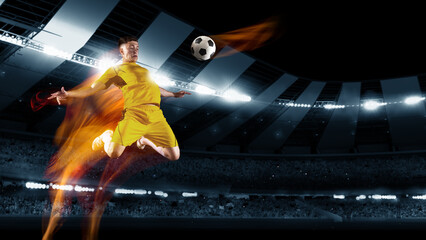 Sport collage. Young professional soccer, football player jumping high against at dark night stadium with flashlights. Sport, competition, championship