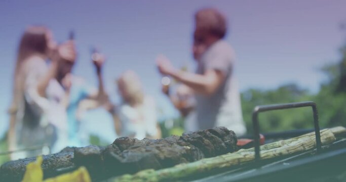 Animation of happy caucasian group of friends dancing and having bbq
